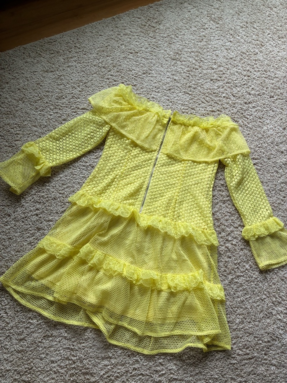 Simple Yellow Ruffle Mesh Long-Sleeve Dress - Picture 2 of 4